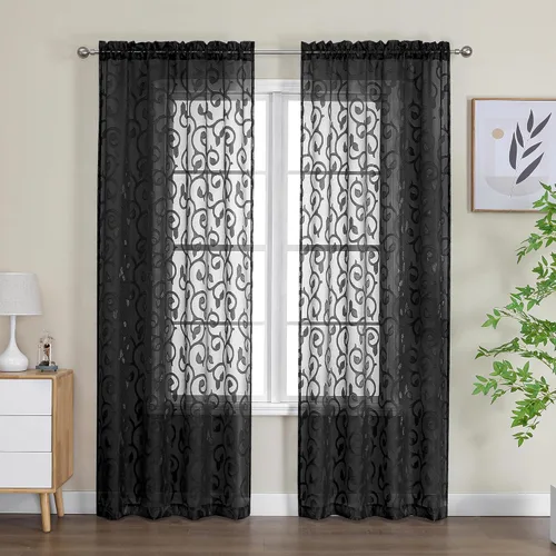 Miniatura 9 de OWENIE Furman - Juego de 2 paneles de cortinas traslúcidas negras de 24 pulgadas de largo, cortinas semitransparentes de jacquard ligeras y aireadas