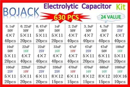 Miniatura 6 de BOJACK 24Value 630pcs Aluminio Electrolítico Capacitor Surtido Caja Kit Gama 0.1uF-1000uF