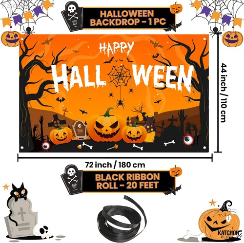 KatchOn Pancarta extragrande de Feliz Halloween, 72 x 44 pulgadas, telón de fondo espeluznante, decoraciones de fiesta naranja y negro, pancarta de