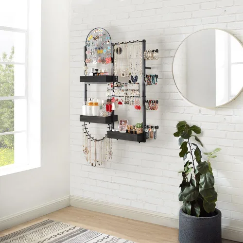 Miniatura 8 de Keebofly Organizador de joyas colgante de montaje en pared, soporte de exhibición grande para aretes, anillos, collares, pulseras, relojes y Negro