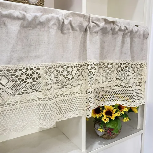 Miniatura 3 de Cenefa de cortina rústica bohemia para ventana de cocina, casa de campo, hecha a mano, entretejido de encaje de ganchillo, tela de algodón, cortinas