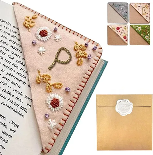 Miniatura 9 de Marcapáginas de esquina bordado a mano personalizado, 26 letras con costura a mano de fieltro, marcapáginas de esquina con bordado de flores lindo