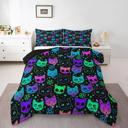 Miniatura 12 de Erosebridal Juego de edredón de tamaño matrimonial con diseño de gatos y gatos, lindo juego de ropa de cama Kawaii para niñas y niños
