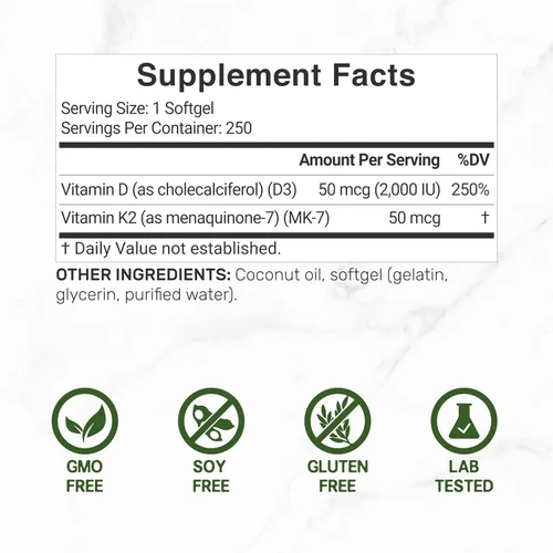 Miniatura 2 de DEAL SUPPLEMENT Vitamina D3 2,000 UI + K2 MK7 50mcg cápsulas blandas Complejo 2 en 1 con aceite de coco virgen Apoya la salud del corazón