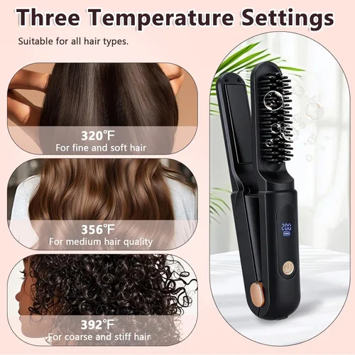 Miniatura 4 de Cepillo alisador de pelo inalámbrico, alisador de pelo portátil de viaje, mini plancha plana recargable 2 en 1 y cepillo alisador de cabello