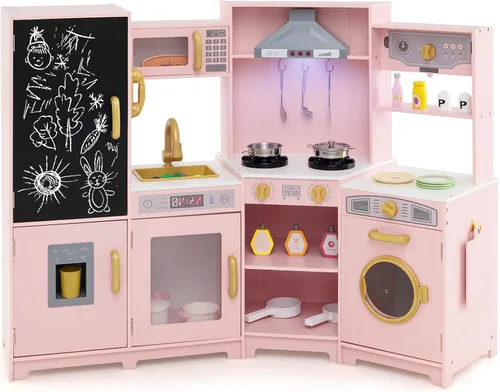 Miniatura 10 de Costzon Juego de cocina para niños, juego de cocina de juguete de simulación para niños pequeños con luces y sonidos reales, fregadero y grifo