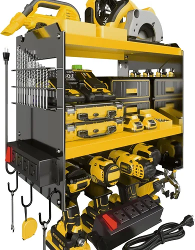 Miniatura 18 de Spampur Organizador grande de herramientas eléctricas de montaje en pared con estación de carga, estante de almacenamiento de herramientas de metal