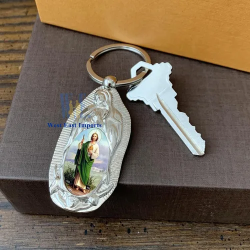 Miniatura 6 de 12 piezas de anillo de metal de San Judas Keychian favores de bautismo para niños y niñas Recuerdos de Bautizo San Judas (Wht)