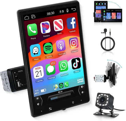 Pantalla táctil giratoria de 10.4 pulgadas para coche, estéreo inalámbrico Carplay y Android Auto, radio Bluetooth para coche con SWC, enlace de
