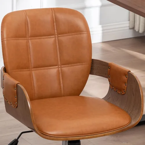 Miniatura 7 de Silla de escritorio de oficina en casa con ruedas giratorias, artesanía de nogal, respaldo y brazos curvos ergonómicos, piel sintética, altura