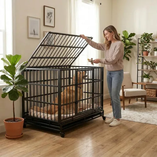 Miniatura 7 de Jaula plegable indestructible para perros con ruedas, jaula de metal resistente a prueba de escapes de 48 pulgadas para perros grandes y medianos