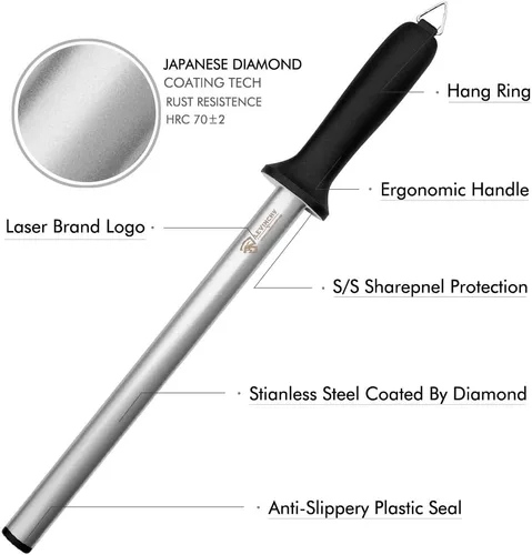 Miniatura 2 de Acero para afilar cuchillos de diamante, acero profesional con revestimiento de diamante de 12 pulgadas, varilla afiladora de cuchillos prémium