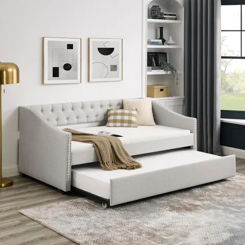 Miniatura 9 de Sofá cama matrimonial con nido, marco de cama moderno de madera con botón copetudo y cabeza de clavos, sofá cama tapizado con nido extraíble
