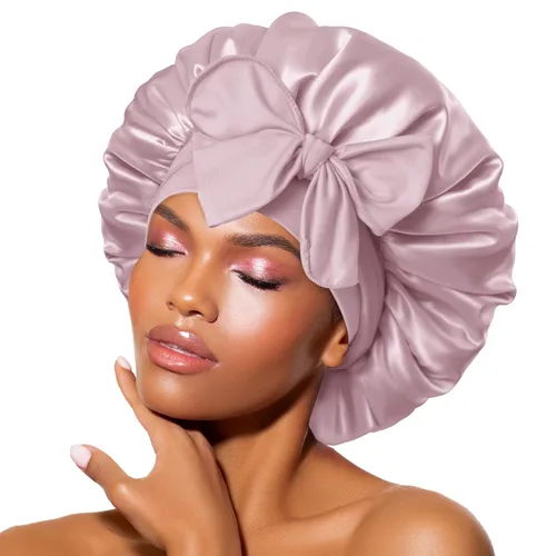Miniatura 14 de Gorro de satén de seda para dormir con banda ancha para cabello rizado, color rosado oro rosa claro
