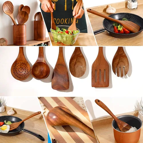 Miniatura 6 de Juego de utensilios de cocina de madera de teca, 7 piezas, utensilios de cocina de madera, incluye espátula