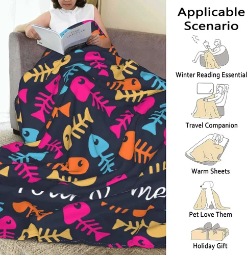 Miniatura 3 de Manta personalizada con texto de tu nombre, mantas de vellón coloridas personalizadas con huesos de pescado para adultos, niños, familia