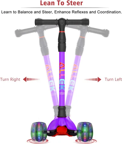 Miniatura 4 de Allek Kick Scooter B02, Lean 'N Glide Scooter con ruedas iluminadas de poliuretano extra anchas y 4 alturas ajustables para niños de 3 a 12 años