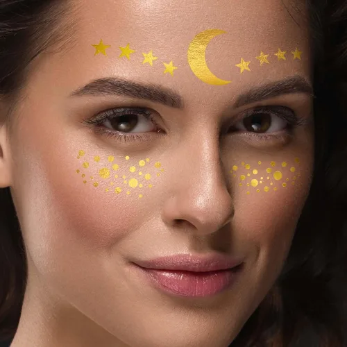 1 hoja de tatuajes faciales temporales metálicos dorados, luna celestial, estrella, pecas sintéticas, calcomanías de maquillaje, impermeables,