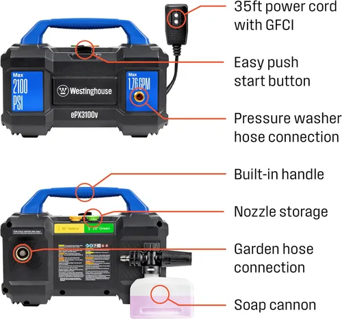 Miniatura 11 de Westinghouse ePX3100v - Lavadora a presión eléctrica, 2100 PSI máximo, 1.76 GPM máximo, asa de transporte incorporada, cañón de espuma desmontable