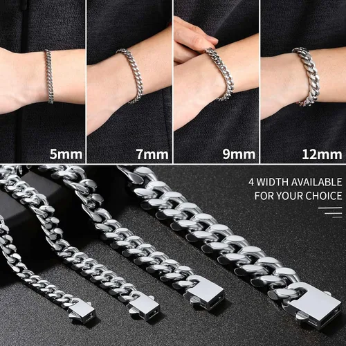 Miniatura 3 de ChainsHouse Pulsera de eslabones cubanos de acero inoxidable para hombre, 0.197in0.276in0.354in0.472in de ancho, 7.5"8.3"9" de largo, negro18K