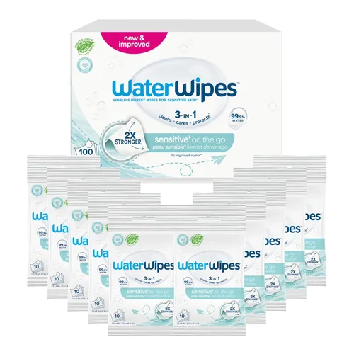 Miniatura 11 de WaterWipes Sensitive+ On The Go Wipes, 3 en 1 limpia, cuida, protege, 99.9% de agua, toallitas húmedas hipoalergénicas y sin perfume, 28