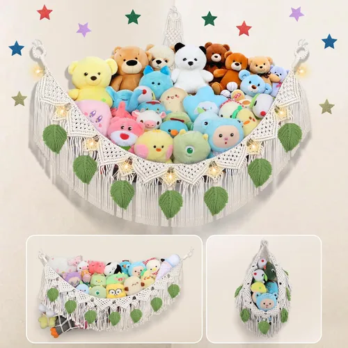 Miniatura 23 de Hamaca para Animales de Peluche de Esquina - 142 cm Jumbo Hecha a Mano de 5mm de Doble Cordón de Macramé para Almacenamiento de Animales de Peluche