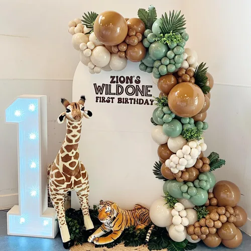 Miniatura 6 de Kit de arco de guirnalda de globos de selva safari para decoración de fiesta de cumpleaños Wild One, 157 globos verde salvia marrón con globos