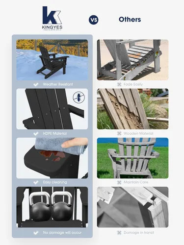 Miniatura 6 de KINGYES Silla plegable Adirondack con portavasos dobles - Sillas de exterior de HDPE para todo clima, silla de patio tipo madera para el patio Negro