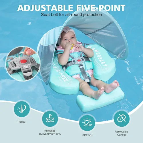 Miniatura 5 de Mambobaby Flotador de piscina para bebé con toldo extraíble – Flotador de natación infantil no inflable con diseño de cola antideslizante, Rosa
