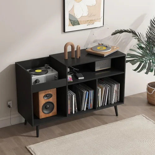 Miniatura 6 de Soporte para tocadiscos, armario de almacenamiento de discos de vinilo con toma de corriente, capacidad para hasta 350 álbumes, mesa de soporte