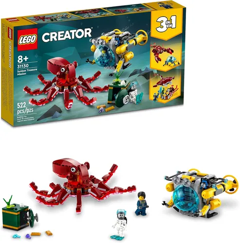 LEGO Creator 3 en 1 Submarino de misión del tesoro hundido juguete, criaturas submarinas se transforman de pulpo a langosta a mantaraya, divertidas