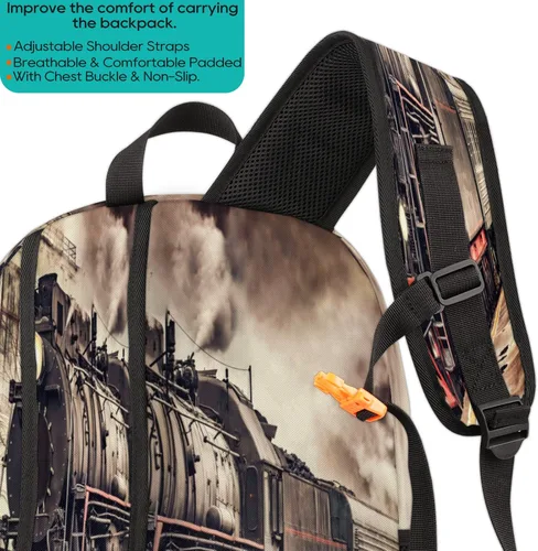 Miniatura 5 de TropicalLife Mochila escolar vintage de tren de vapor de 18 pulgadas, mochila escolar para adolescentes, niñas, niños, mochila escolar