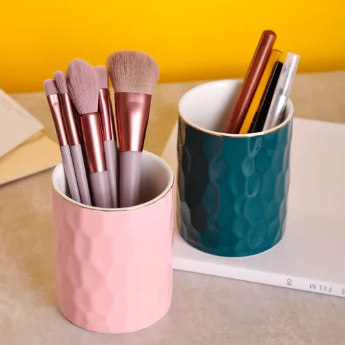 Miniatura 5 de WHJY Vaso de Lápices de Cerámica Rosa, Soporte para Brochas de Maquillaje, Soporte Dorado para Bolígrafos de Escritorio Pequeño Bonito Soporte
