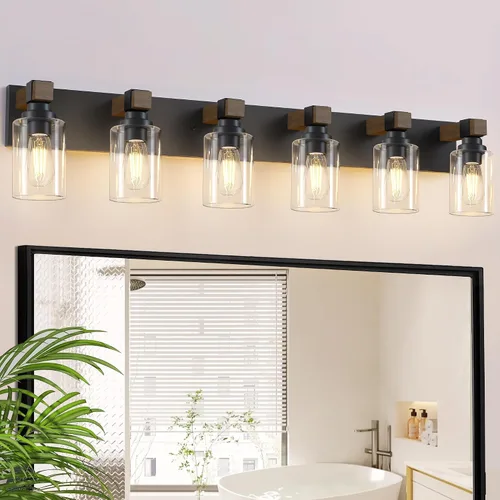 Miniatura 13 de Accesorios de iluminación de baño de granja, luces de tocador rústicas de 3 luces en madera para baño, iluminación de apliques de pared vintage