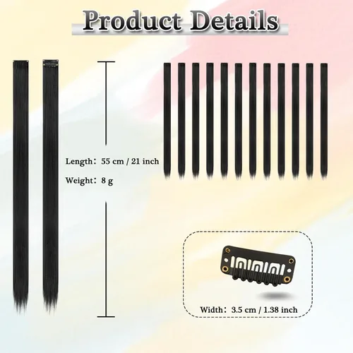 Miniatura 2 de BARSDAR Extensiones de cabello negro con clip, extensiones de cabello con clip de color para mujer, 22 pulgadas, 12 piezas, extensiones sintéticas