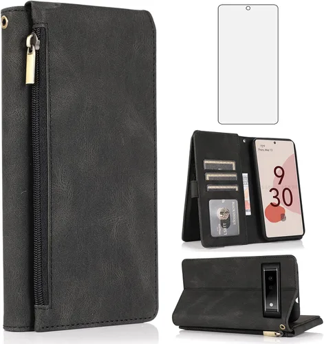 Asuwish Funda tipo cartera compatible con Google Pixel 6A 5G 2022, protector de pantalla de vidrio templado y cremallera, de piel retro, soporte