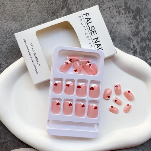 Miniatura 4 de Uñas postizas cuadradas cortas a presión para el día de San Valentín, uñas blancas francesas con pegamento, uñas postizas con diseño de corazón