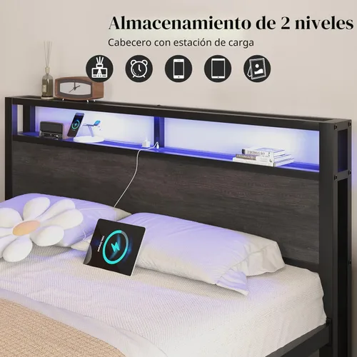 Miniatura 6 de LOEWAY Base de cama tamaño Queen con cabecera de almacenamiento y luces LED, cama plataforma industrial con estación de carga, listones de metal Gris