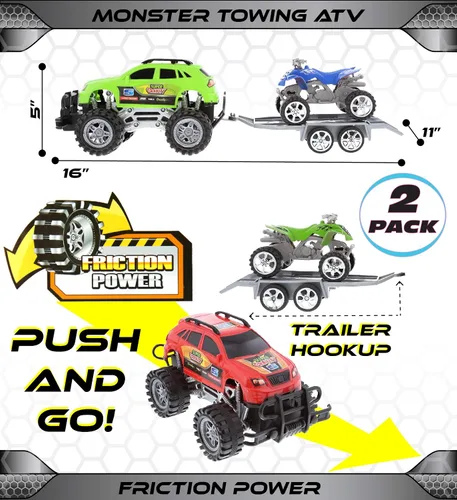 Miniatura 2 de Mozlly Camiones monstruo accionados por fricción con remolques SUV ATV – 2 juegos de camiones monstruo juguetes con gancho extraíble ATV remolques