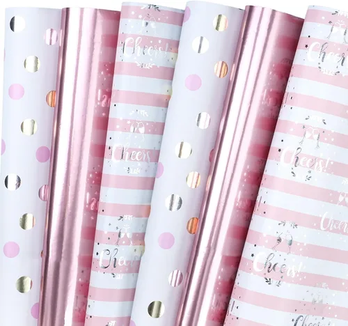 Miniatura 20 de WRAPAHOLIC Hoja de papel de regalo de Navidad, 12 hojas de diseño de árbol de Navidad rosa y casa, plegada plana con 12 etiquetas de regalo