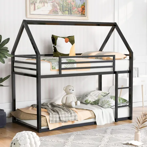 Miniatura 12 de Cama baja de tamaño individual con escalera convertible, se puede colocar a la izquierda o derecha, marco de cama de madera para dormitorio