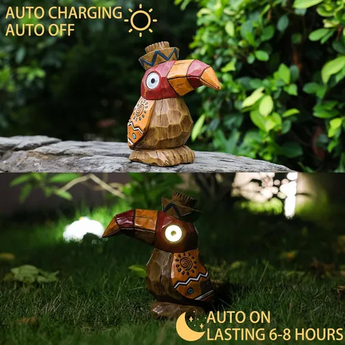 Miniatura 3 de Estatua Solar Tiki - Pájaro Carpintero de Madera - Jardín Hawaiano - Luz Solar para Exteriores, Esculturas y Estatuas de Jardín, Poste Tótem