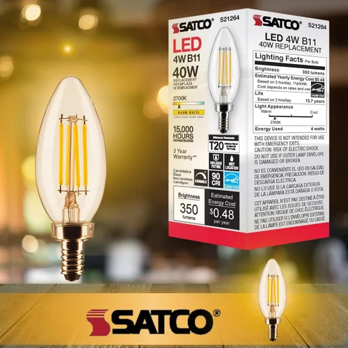 Miniatura 5 de Satco Lámpara LED, S21264 4B11/LED/927/CL/120V/E12, bombilla B11 de 4 W, transparente; base de candelabro; 90 CRI; 2700 K; 120 voltios