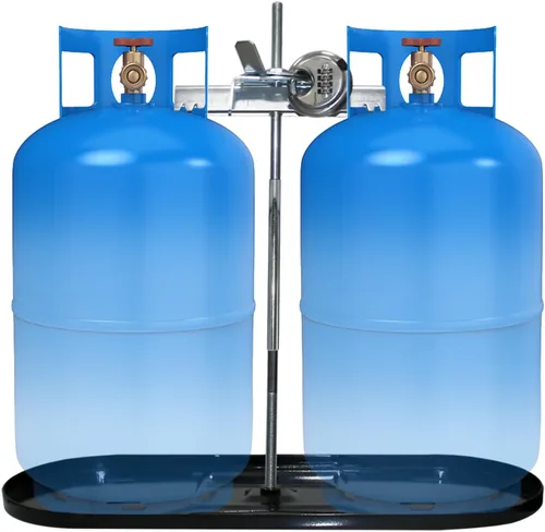 Miniatura 6 de estante de montaje de tanque de propano doble para RV 40lb, 30lb y 20lb para autocaravanas y remolques de viaje con diferentes tubos de conexión