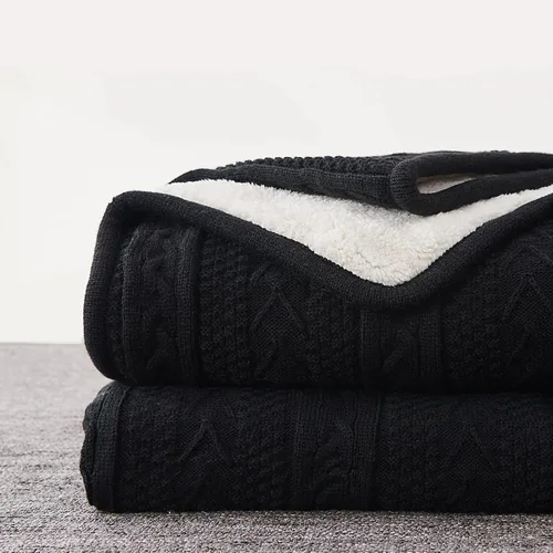 Longhui bedding Manta de punto trenzado acrílico negro de 50 x 63 pulgadas, gruesa, suave, grande, acogedora manta de forro polar de punto para