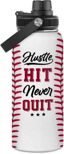 Miniatura 9 de Botella de agua de béisbol – Botellas deportivas aisladas de acero inoxidable de 32 onzas con tapa – Hombres amantes del béisbol jugador aficionado
