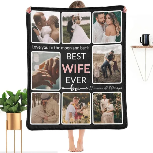 Cobija personalizable con fotos; haz una cobija personalizable con imágenes para el recuerdo; regálale a tu esposa una manta sublimada decorativa La