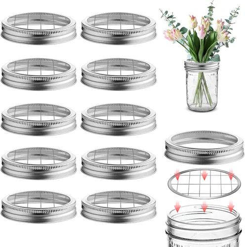 Paquete de 10 tarros Mason con tapa de rana de flores Mason Grid Organizador de flores para el día de San Valentín, hogar, cocina, oficina, boca