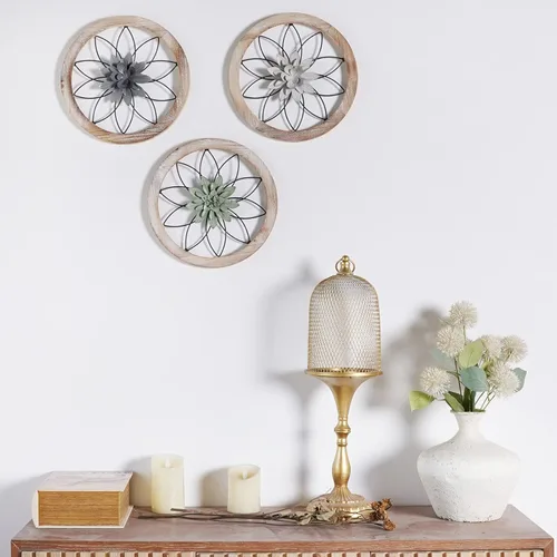 Miniatura 4 de Paquesta Decoración de Pared de Granja Redonda de 3 Piezas con 6 Flores Intercambiables de 12'' Medallón de Madera y Metal Arte de Pared Rústico