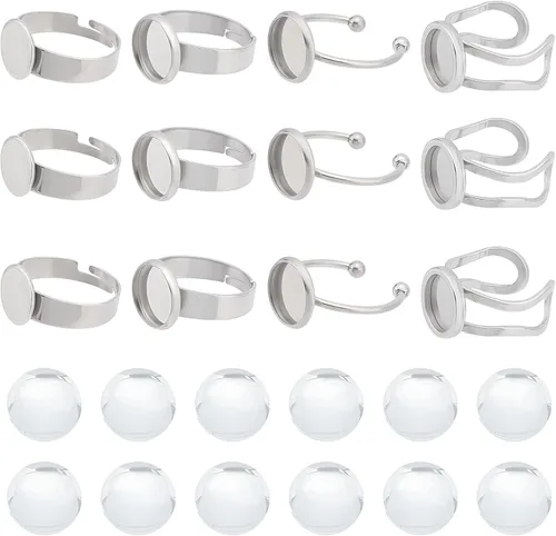 Miniatura 15 de SUNNYCLUE Anillo de dedo, base de anillo ajustable en blanco, media redonda, base de cabujón plano, configuración de bandeja de bisel para kit
